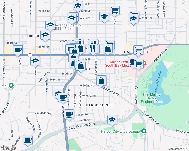 map of restaurants, bars, coffee shops, grocery stores, and more near 1617 West 261st Street in Los Angeles