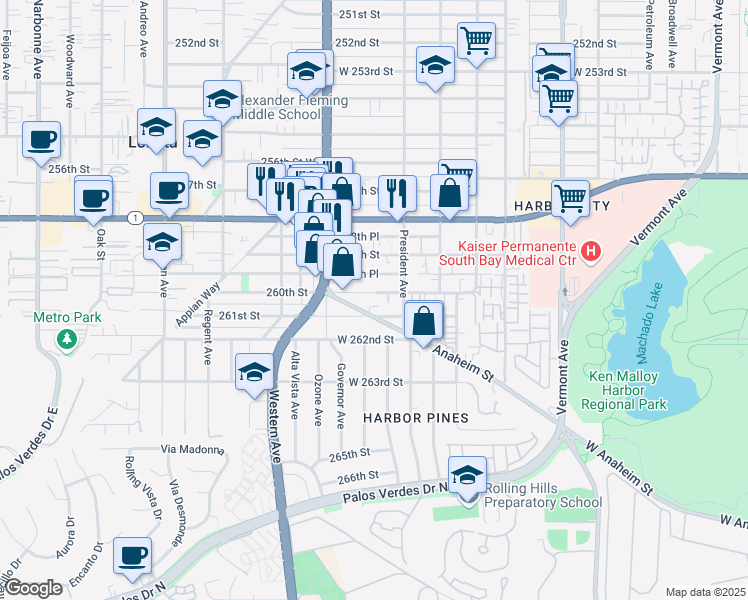 map of restaurants, bars, coffee shops, grocery stores, and more near 1617 West 261st Street in Los Angeles