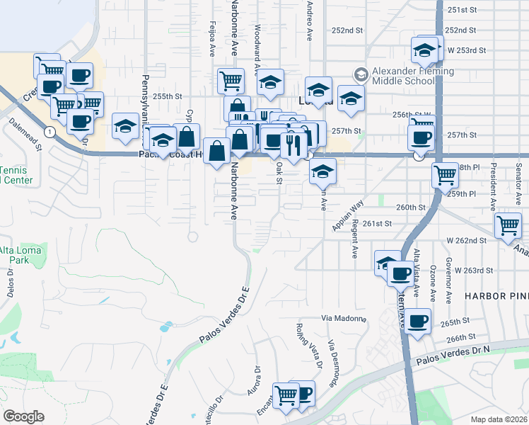 map of restaurants, bars, coffee shops, grocery stores, and more near 26019 Oak Street in Lomita