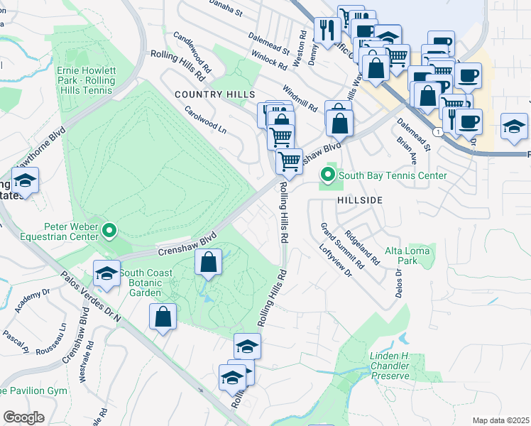 map of restaurants, bars, coffee shops, grocery stores, and more near 3604 West Estates Lane in Rolling Hills Estates