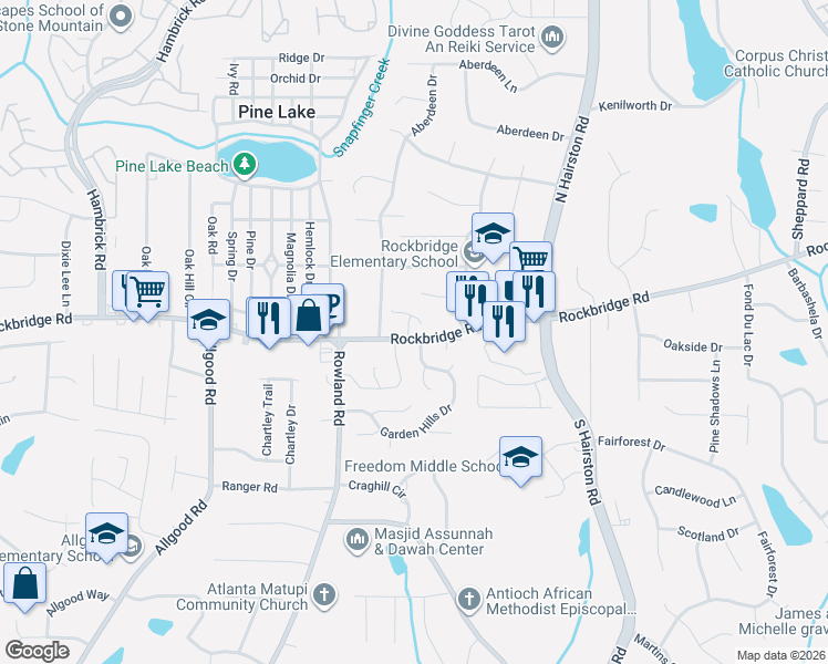 map of restaurants, bars, coffee shops, grocery stores, and more near 398 Prince of Wales in Stone Mountain