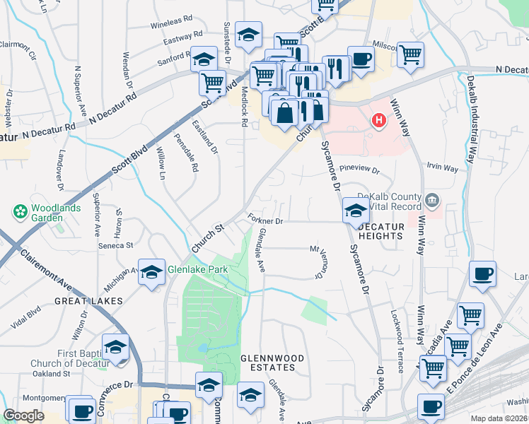 map of restaurants, bars, coffee shops, grocery stores, and more near 624 Glendale Avenue in Decatur
