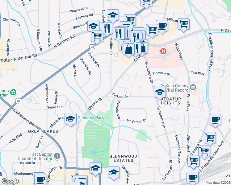 map of restaurants, bars, coffee shops, grocery stores, and more near 307 Cedar Street in Decatur