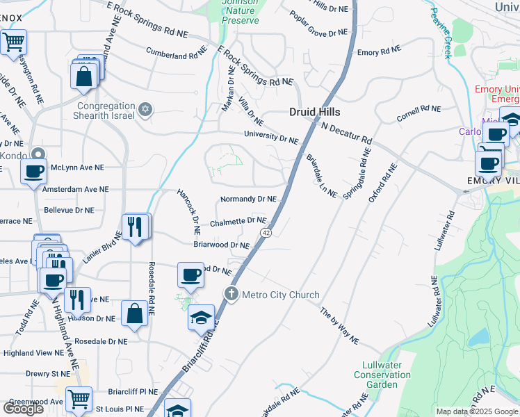 map of restaurants, bars, coffee shops, grocery stores, and more near 1371 Chalmette Drive Northeast in Atlanta