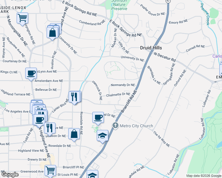 map of restaurants, bars, coffee shops, grocery stores, and more near 1336 Chalmette Drive Northeast in Atlanta