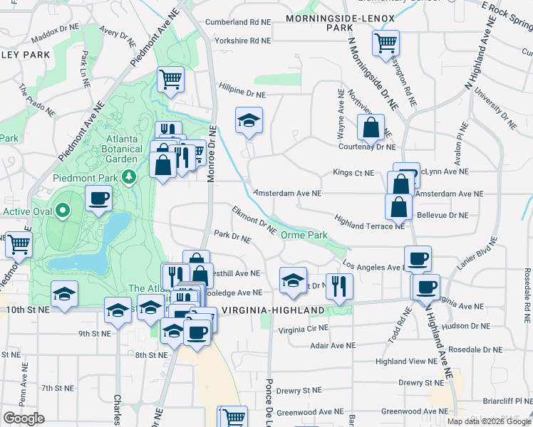 map of restaurants, bars, coffee shops, grocery stores, and more near 701 Elkmont Drive Northeast in Atlanta