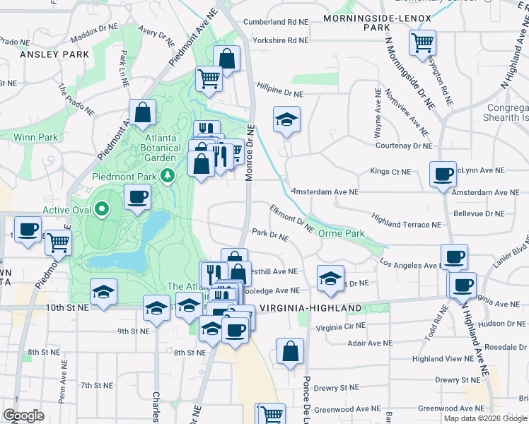 map of restaurants, bars, coffee shops, grocery stores, and more near 1152 Orme Circle Northeast in Atlanta
