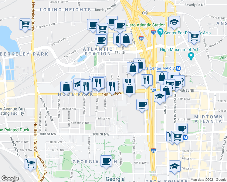map of restaurants, bars, coffee shops, grocery stores, and more near 288 14th Street Northwest in Atlanta