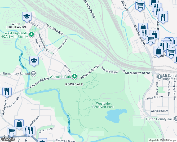 map of restaurants, bars, coffee shops, grocery stores, and more near 1660 Johnson Road Northwest in Atlanta