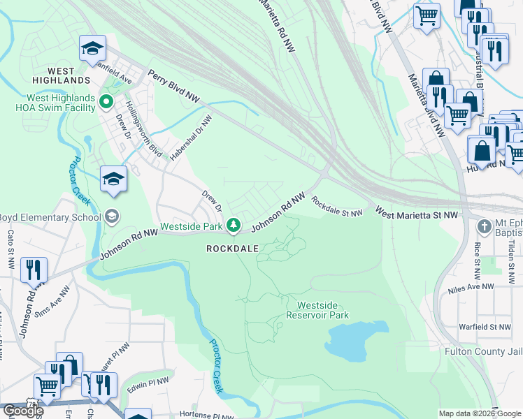 map of restaurants, bars, coffee shops, grocery stores, and more near 1600-1660 Johnson Road Northwest in Atlanta