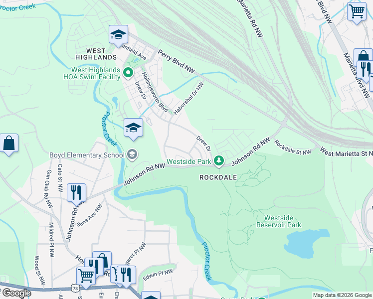 map of restaurants, bars, coffee shops, grocery stores, and more near 1783 Johnson Road Northwest in Atlanta
