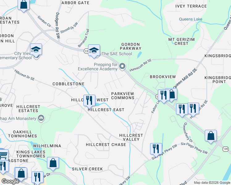 map of restaurants, bars, coffee shops, grocery stores, and more near 6975 Gallant Circle Southeast in Mableton