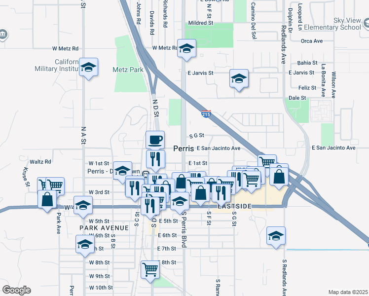 map of restaurants, bars, coffee shops, grocery stores, and more near 2 North Perris Boulevard in Perris