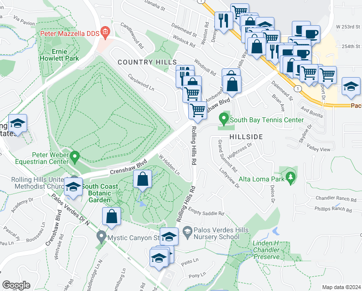 map of restaurants, bars, coffee shops, grocery stores, and more near 3614 West Estates Lane in Rolling Hills Estates