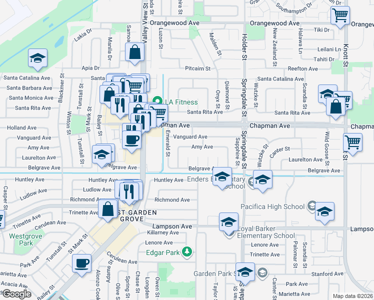 map of restaurants, bars, coffee shops, grocery stores, and more near 12162 Garnet Circle in Garden Grove