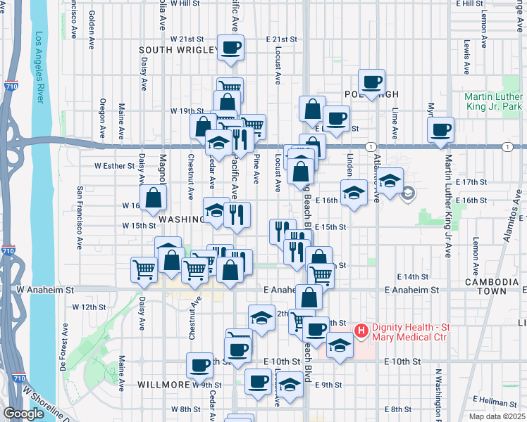 map of restaurants, bars, coffee shops, grocery stores, and more near 1566 Pine Avenue in Long Beach