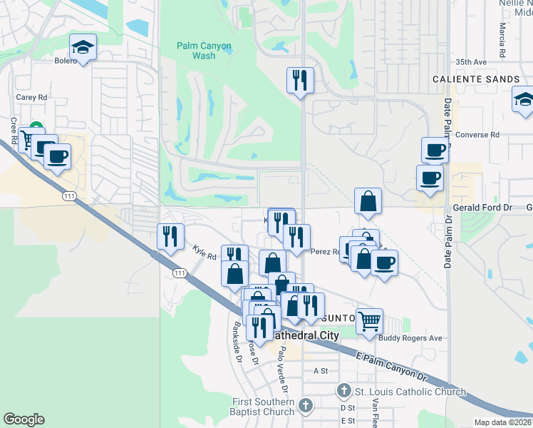 map of restaurants, bars, coffee shops, grocery stores, and more near 68342 Kieley Road in Cathedral City