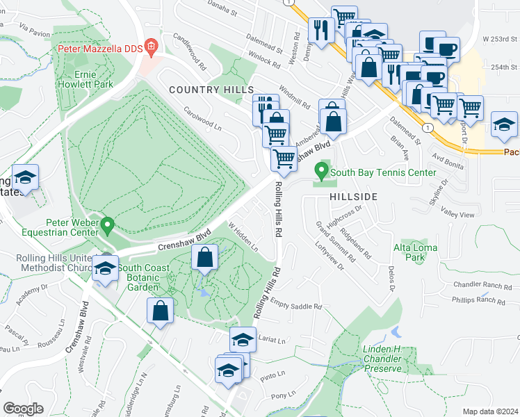 map of restaurants, bars, coffee shops, grocery stores, and more near 3614 West Estates Lane in Rolling Hills Estates