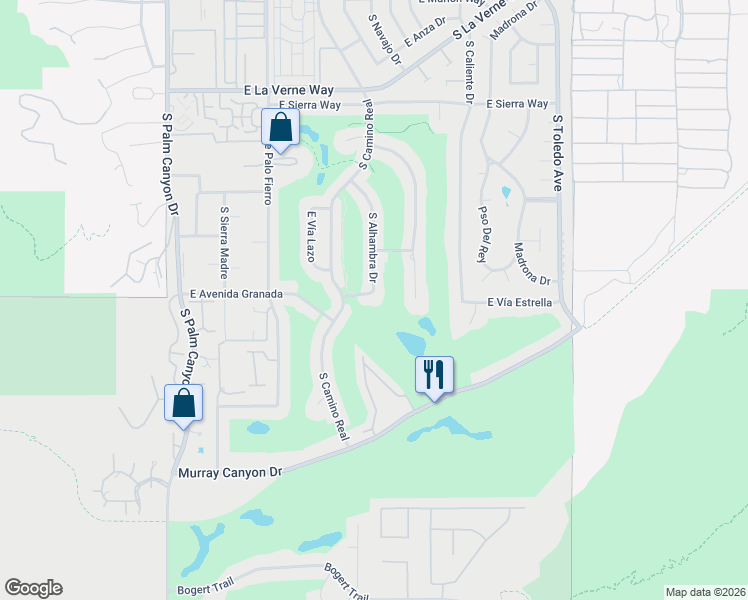 map of restaurants, bars, coffee shops, grocery stores, and more near 2488 South Alhambra Drive in Palm Springs