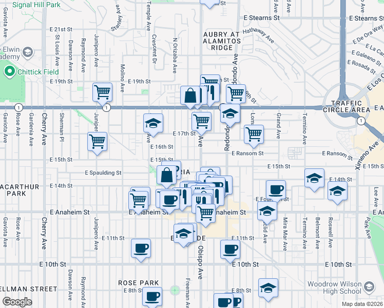 map of restaurants, bars, coffee shops, grocery stores, and more near 1520 Freeman Avenue in Long Beach