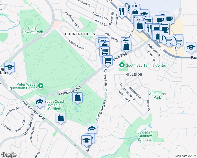 map of restaurants, bars, coffee shops, grocery stores, and more near 3601 West Fox Ridge Lane in Rolling Hills Estates