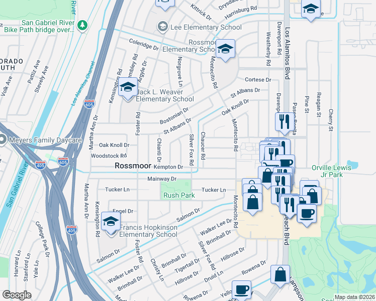 map of restaurants, bars, coffee shops, grocery stores, and more near 12131 Silver Fox Road in Los Alamitos