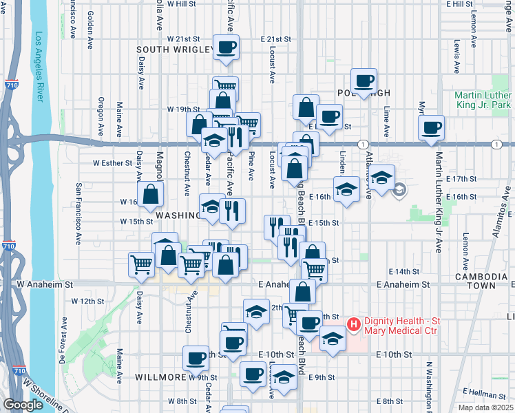 map of restaurants, bars, coffee shops, grocery stores, and more near 1566 Pine Avenue in Long Beach