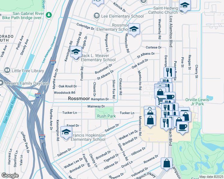 map of restaurants, bars, coffee shops, grocery stores, and more near 12131 Silver Fox Road in Los Alamitos