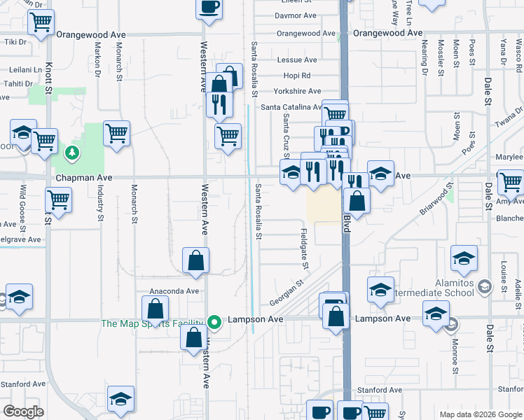 map of restaurants, bars, coffee shops, grocery stores, and more near 7722 Laurelton Avenue in Garden Grove