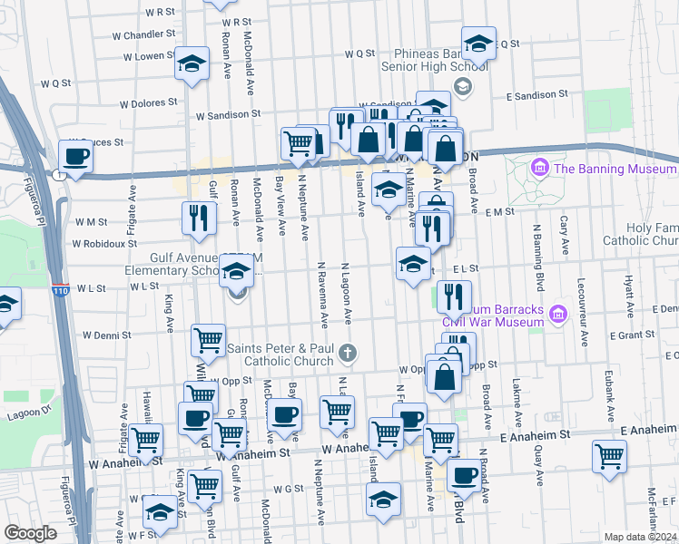 map of restaurants, bars, coffee shops, grocery stores, and more near 506 West L Street in Los Angeles
