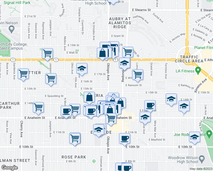 map of restaurants, bars, coffee shops, grocery stores, and more near 1485 Obispo Avenue in Long Beach