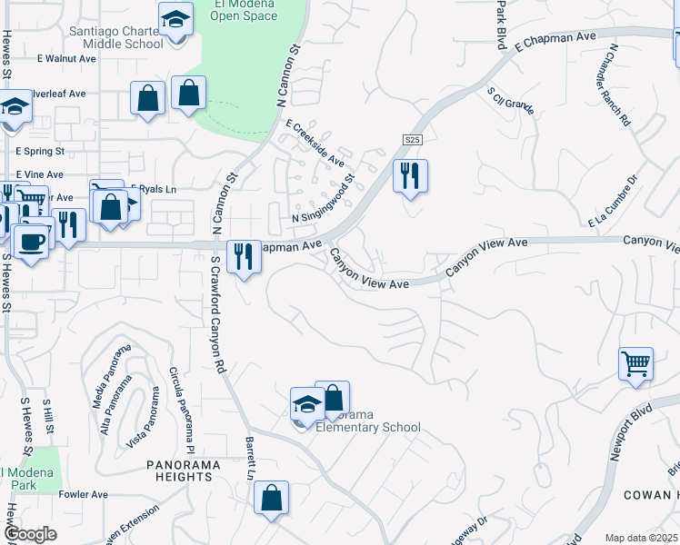 map of restaurants, bars, coffee shops, grocery stores, and more near 5847 East Rocking Horse Way in Orange
