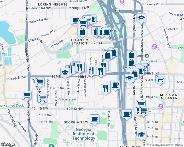 map of restaurants, bars, coffee shops, grocery stores, and more near 287 14th Street Northwest in Atlanta