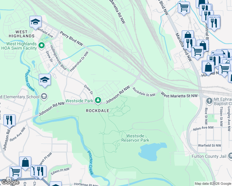 map of restaurants, bars, coffee shops, grocery stores, and more near 1660 Johnson Road Northwest in Atlanta