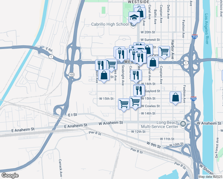 map of restaurants, bars, coffee shops, grocery stores, and more near 2035 West 15th Street in Long Beach