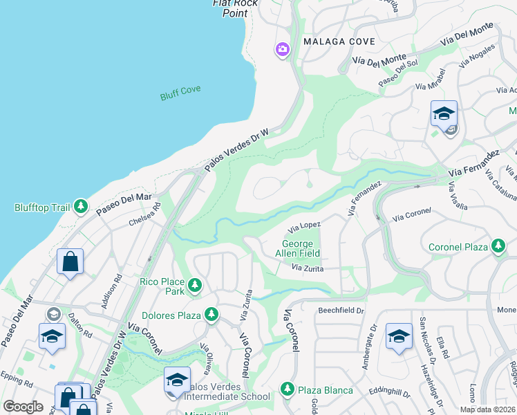 map of restaurants, bars, coffee shops, grocery stores, and more near 940 Paseo La Cresta in Palos Verdes Estates