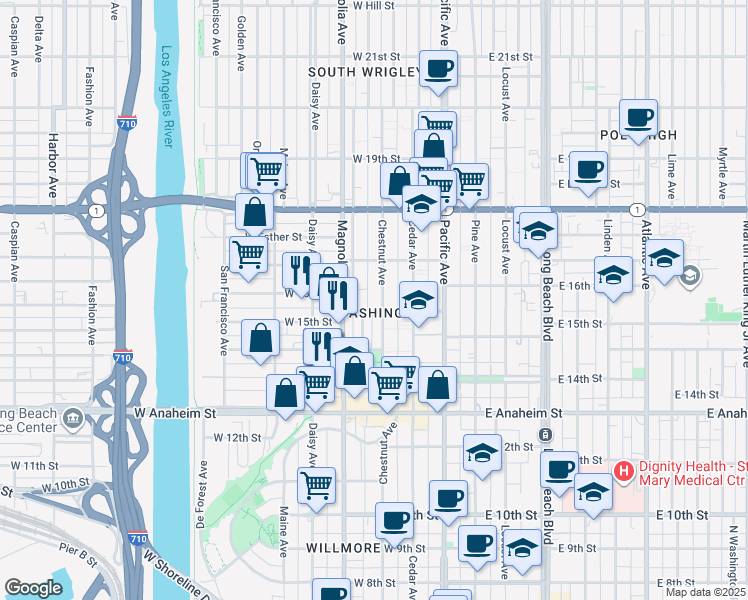 map of restaurants, bars, coffee shops, grocery stores, and more near 1575 Chestnut Avenue in Long Beach