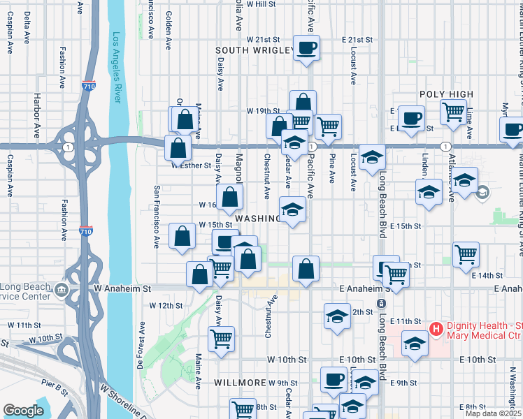 map of restaurants, bars, coffee shops, grocery stores, and more near 1575 Chestnut Avenue in Long Beach