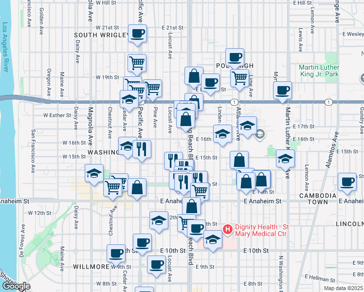 map of restaurants, bars, coffee shops, grocery stores, and more near 1545 Long Beach Boulevard in Long Beach