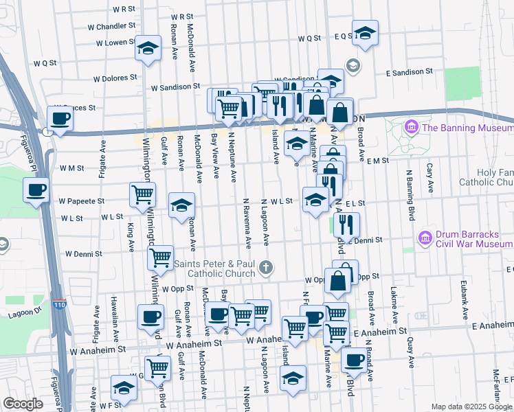 map of restaurants, bars, coffee shops, grocery stores, and more near 506 West L Street in Los Angeles