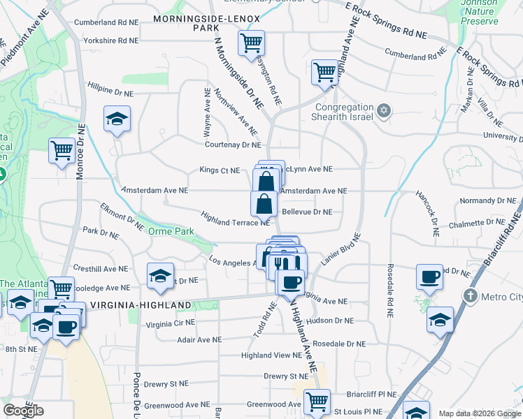 map of restaurants, bars, coffee shops, grocery stores, and more near 1148 North Highland Avenue Northeast in Atlanta