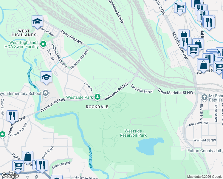 map of restaurants, bars, coffee shops, grocery stores, and more near 1660 Johnson Road Northwest in Atlanta