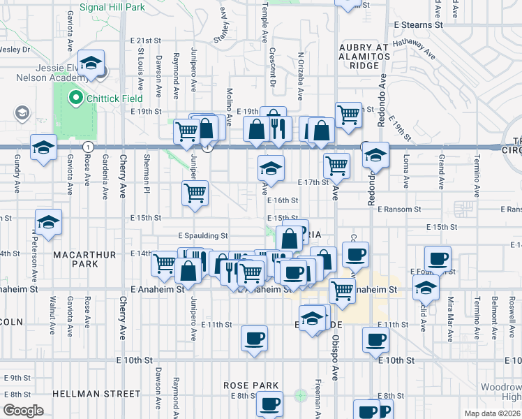 map of restaurants, bars, coffee shops, grocery stores, and more near 1515 Temple Avenue in Long Beach