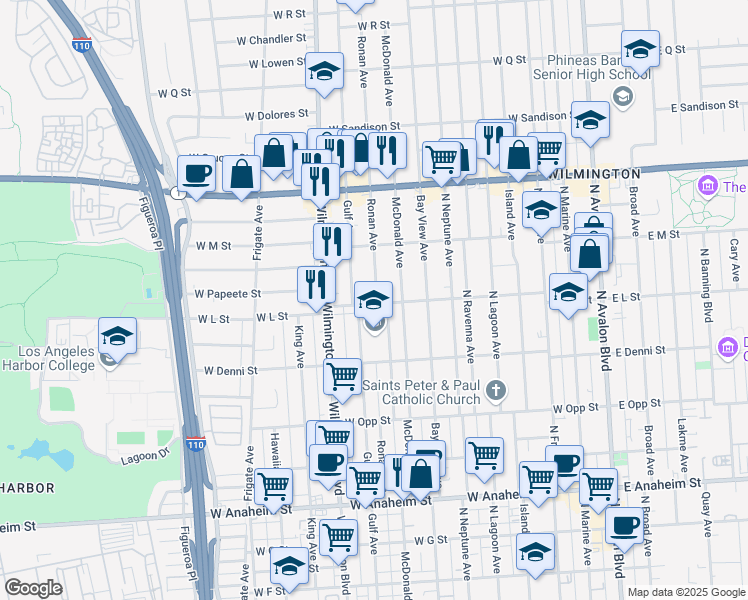 map of restaurants, bars, coffee shops, grocery stores, and more near 1203 Ronan Avenue in Los Angeles