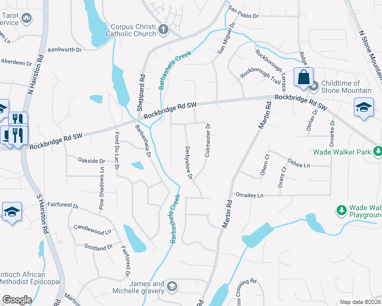 map of restaurants, bars, coffee shops, grocery stores, and more near 396 Derbyshire Drive in Stone Mountain