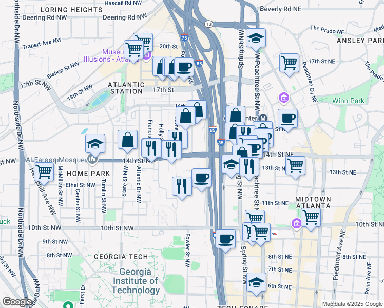 map of restaurants, bars, coffee shops, grocery stores, and more near 965 Fowler Street Northwest in Atlanta