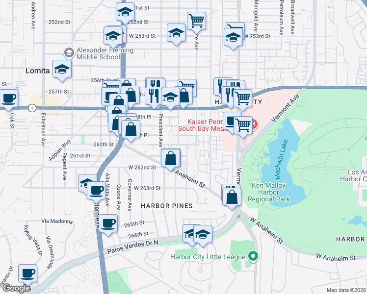 map of restaurants, bars, coffee shops, grocery stores, and more near 1414 260th Street in Los Angeles