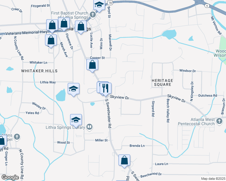 map of restaurants, bars, coffee shops, grocery stores, and more near 3465A Skyview Drive in Lithia Springs