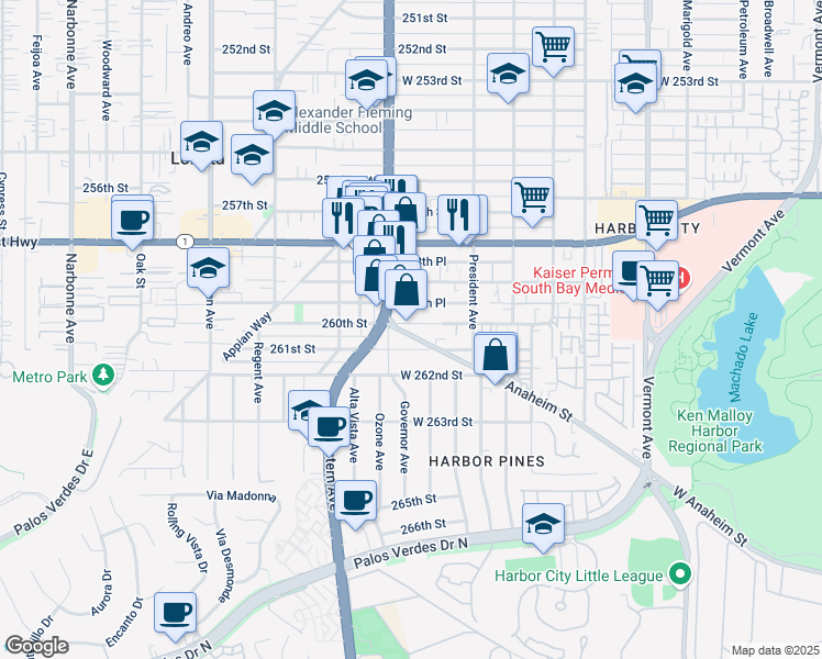map of restaurants, bars, coffee shops, grocery stores, and more near 1666 West 261st Street in Los Angeles
