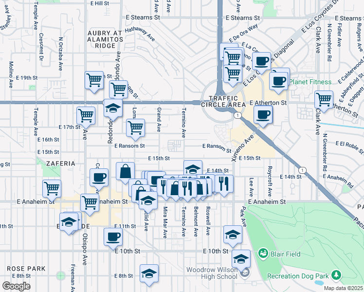 map of restaurants, bars, coffee shops, grocery stores, and more near 1501 Termino Avenue in Long Beach